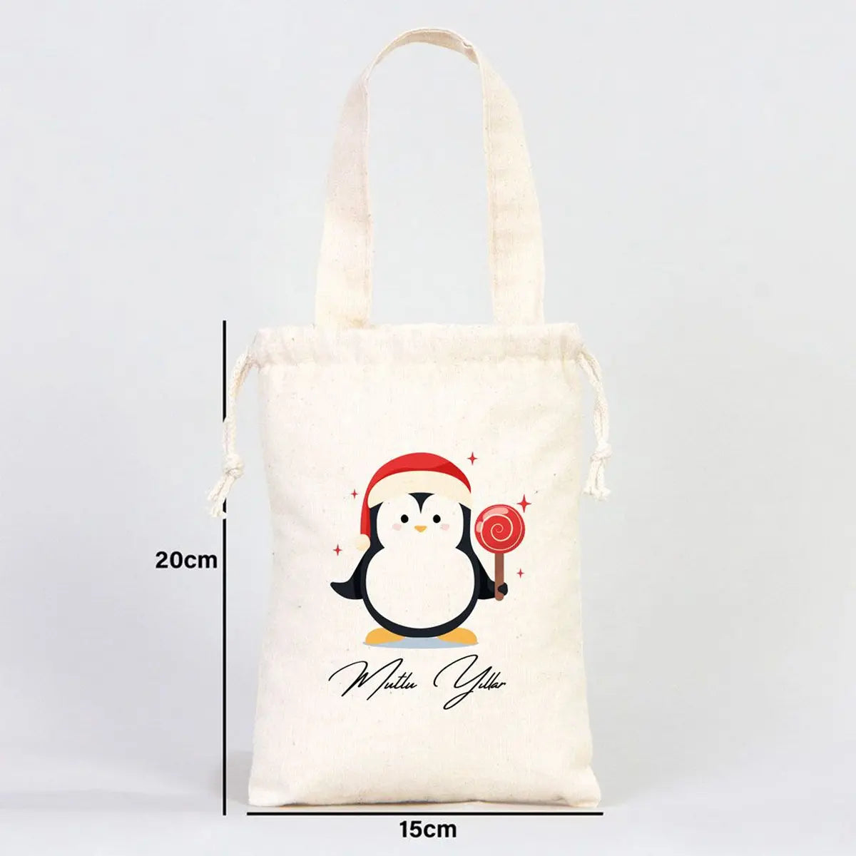 Yılbaşı Temalı Penguen Baskılı Bez Kese - 15,5x20 cm Tek Tutma Kısa Kulp (Özelleştirilebilir)