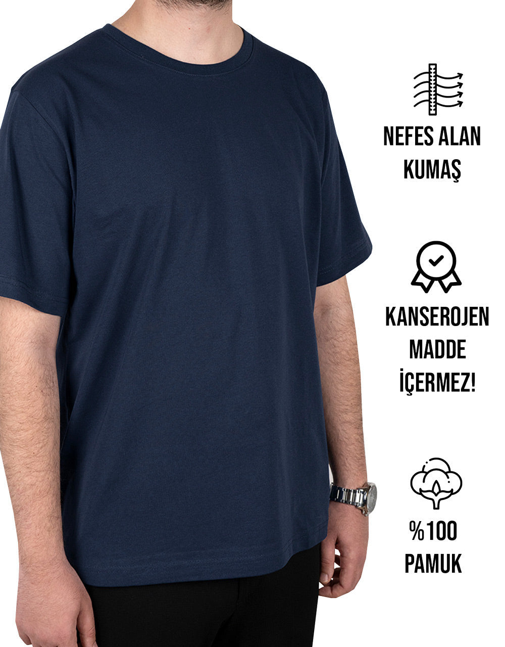 Nefes alan %100 pamuk lacivert tişört, kanserojen madde içermez