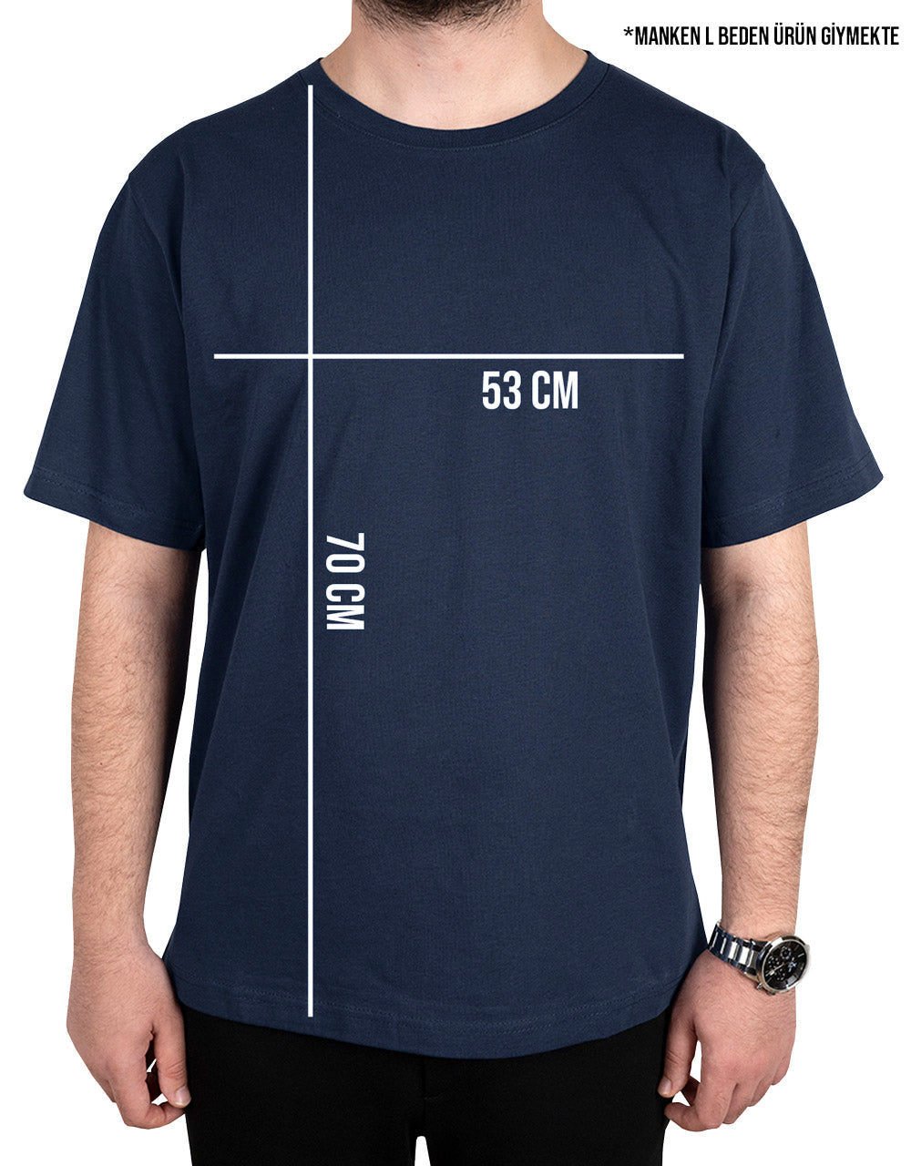 Lacivert premium tişört beden ölçüsü, 53 cm en 70 cm boy (L beden)