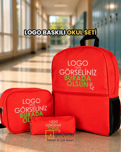 Okul Öğrenci Çanta Seti Sırt Çantası Beslenme Çantası Kalemlik Kırmızı (Özelleştirilebilir)