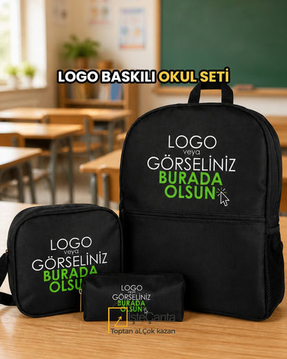 Okul Öğrenci Çanta Seti Sırt Çantası Beslenme Çantası Kalemlik Siyah (Özelleştirilebilir)