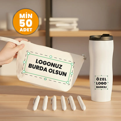 Özel logo baskılı promosyon seti – kanvas clutch çanta, çelik termos ve plastik tükenmez kalem.