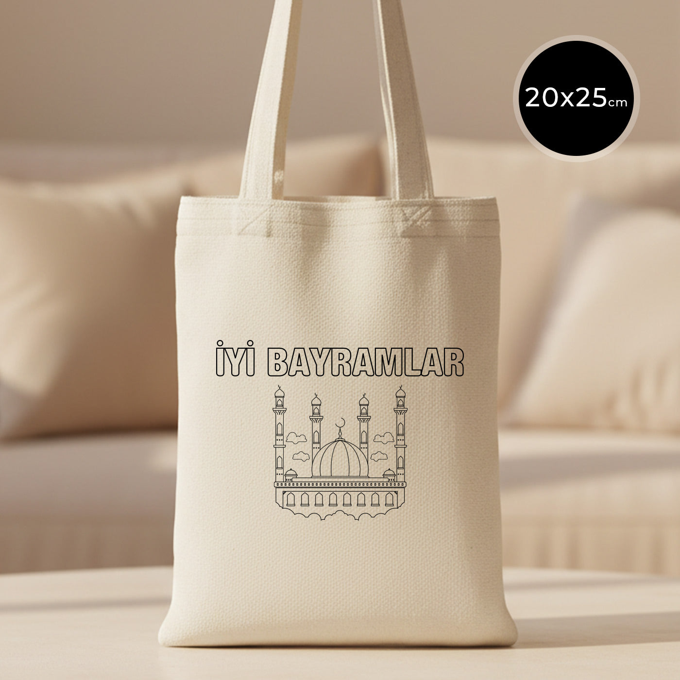 20x25 cm boyanabilir ham bez mini kitap çantası (küçük tote), uzun saplı doğal kumaş; ön yüzünde “İYİ BAYRAMLAR” yazısı ve cami çizimi bulunan bayram harçlığı/hediyelik bez çanta.