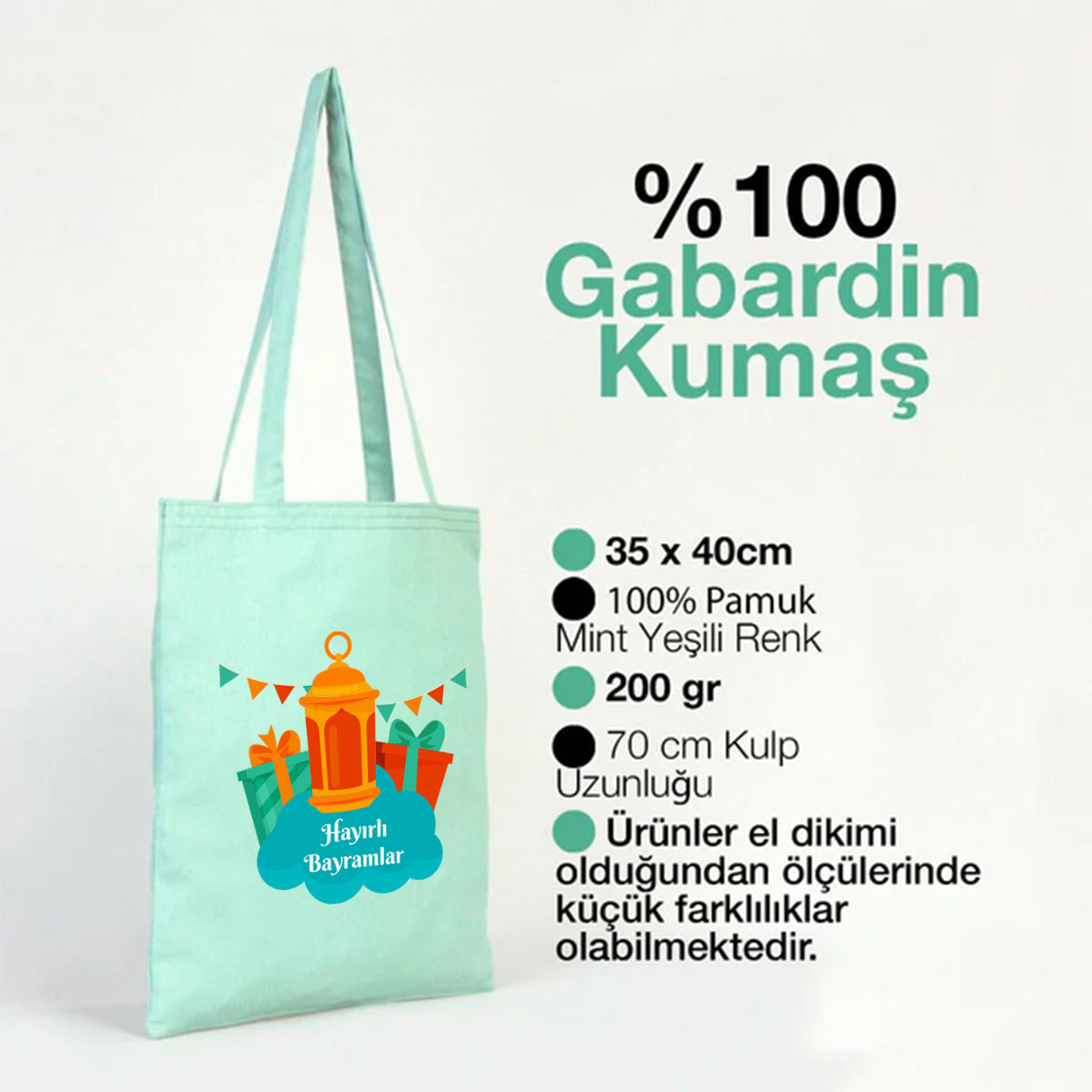 35x40 cm Mint Yeşili Gabardin Bez Çanta - Bayram Çantası