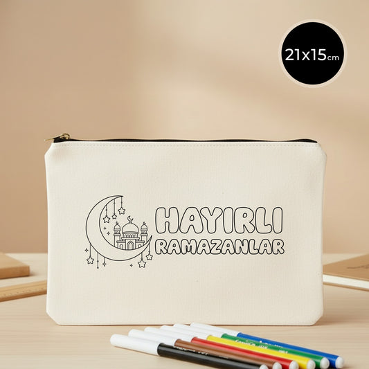 21x15 cm beyaz star clutch; doğal pamuk kanvas kumaş üzerine boyanabilir “Hayırlı Ramazanlar” hilal ve cami çizgi illüstrasyonu baskılı, metal fermuarlı, orta boy bez clutch — bayram hediyelik, kalemlik, makyaj çantası ve günlük düzenleyici olarak kullanılabilen çok amaçlı bez kese.