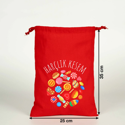 25x35 cm kırmızı büzgülü bez kese, “Harçlık Kesesi” yazılı ay cami desenli Bayram harçlık kesesi