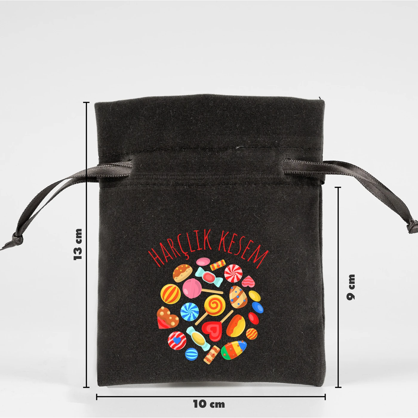 10x13 cm koyu gri kadife gül kese siyah kurdeleli büzgülü ağız, cami ve hilal desenli “Harçlık Kesesi” baskı
