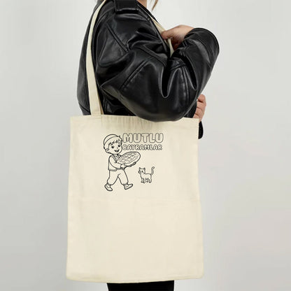 Boyanabilir 35x40 cm Gabardin Çift Cep Bölmeli Bez Çanta - Bayram Çantası