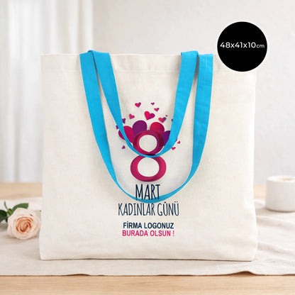 8 Mart Kadınlar Günü Kanvas Plaj Çantası 48x41x10 cm - Renkli Kulp