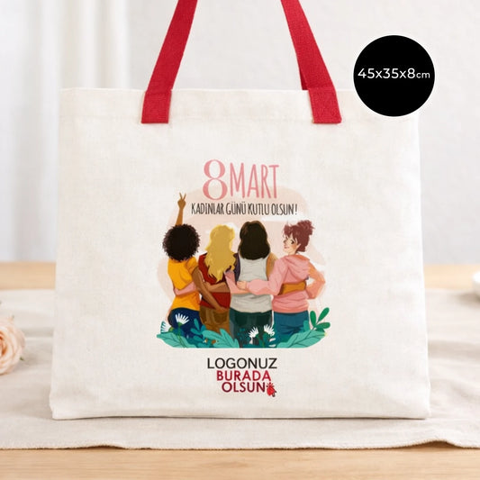 Kadınlar Günü Modern Kanvas Çanta - Dıştan Renkli Örgü Kulp 45x35x8 cm (Özelleştirilebilir)