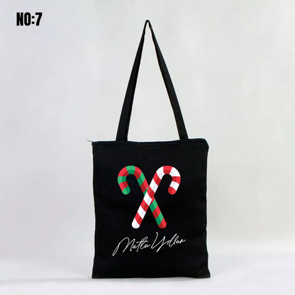 Fermuarlı Siyah Gabardin Çanta 35x40 cm Yılbaşı Bez Çanta Baskılı (Özelleştirilebilir)