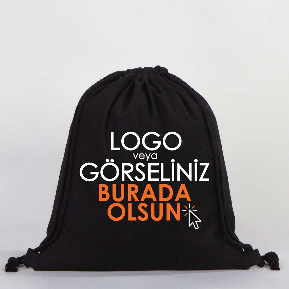 Gabardin Büzgülü Siyah Bez Sırt Çantası 35x40 cm (Özelleştirilebilir)