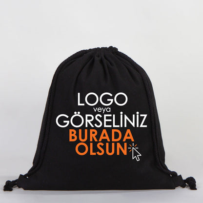 Gabardin Büzgülü Siyah Bez Sırt Çantası 35x40 cm (Özelleştirilebilir)