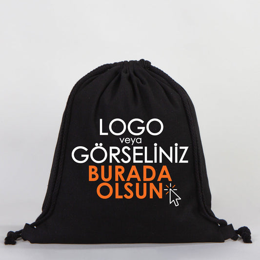 Gabardin Büzgülü Siyah Bez Sırt Çantası 35x40 cm (Özelleştirilebilir)