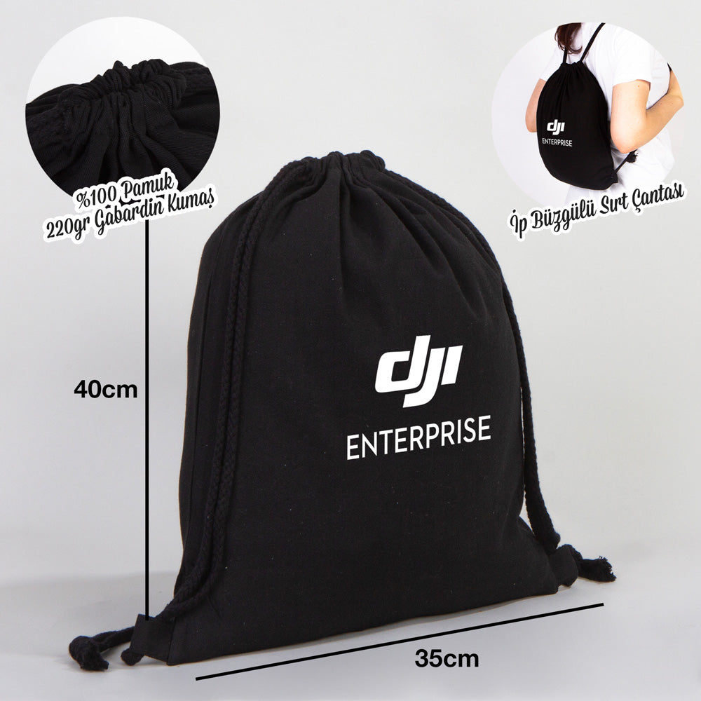 Gabardin Büzgülü Siyah Bez Sırt Çantası 35x40 cm (Özelleştirilebilir)