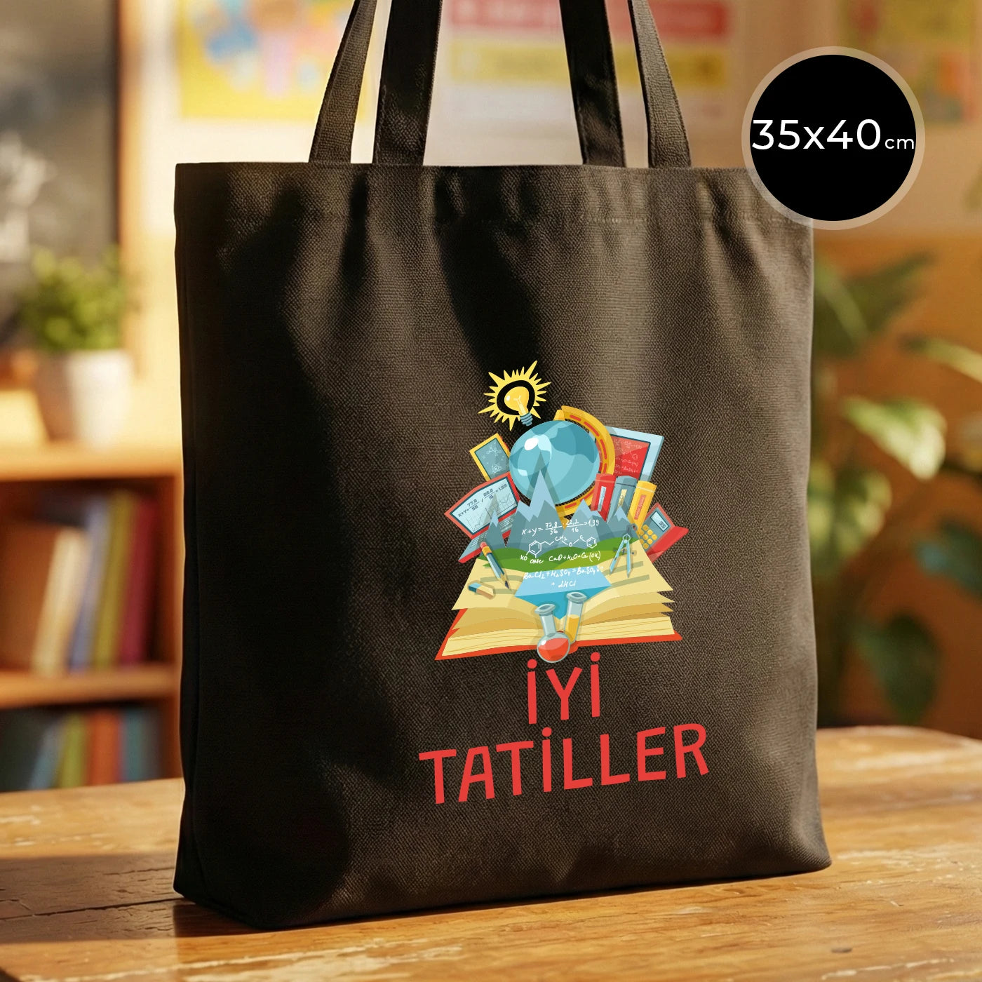 Sıcak ve renkli bir sınıf ortamında ahşap masada sergilenen siyah 35x40 cm ham pamuk bez çanta, 70 cm saplı.