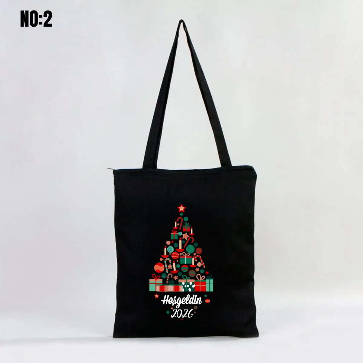 Fermuarlı Siyah Gabardin Çanta 35x40 cm Yılbaşı Bez Çanta Baskılı (Özelleştirilebilir)