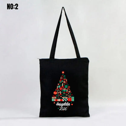 Fermuarlı Siyah Gabardin Çanta 35x40 cm Yılbaşı Bez Çanta Baskılı (Özelleştirilebilir)