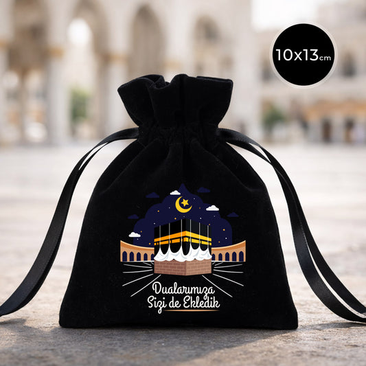 10x13 cm Kabe-i Muazzama’dan Selam ve Dua ile | Hac ve Umre Hediyelik Kadife Gül Kese Siyah