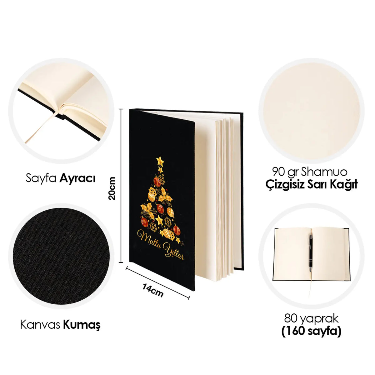 Yeni Yıl Hediyesi Siyah Kanvas Defter 14x20 cm – Kurumsal Logo Baskılı - yakın çekim