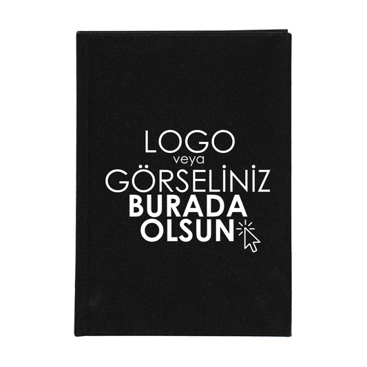 Kurumsal Logo Baskılı Siyah Kanvas Defter - 14x20 cm - Çizgisiz (Özelleştirilebilir)