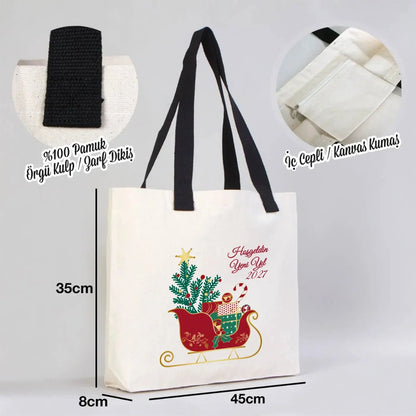 Yılbaşı Modern Kanvas Çanta - Dıştan Siyah Örgü Kulp 45x35x8 cm - yakın çekim