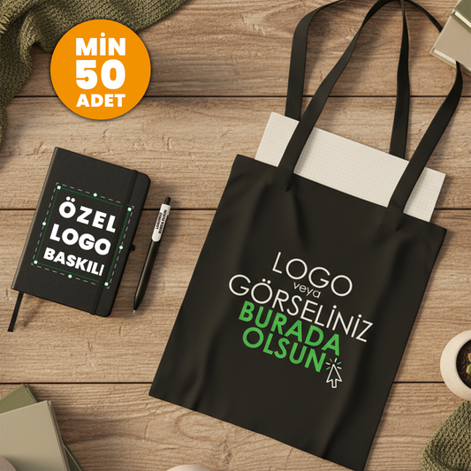Siyah kurumsal hediye seti – özel logo baskılı bez çanta, defter ve kalemden oluşan promosyon seti. 