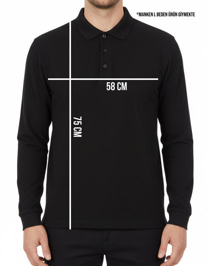 Baskılı Polo Yaka Uzun Kol Siyah Tişört