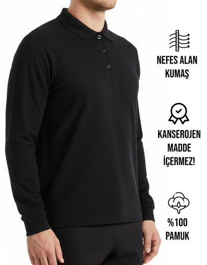 Polo Yaka Uzun Kol Siyah Tişört
