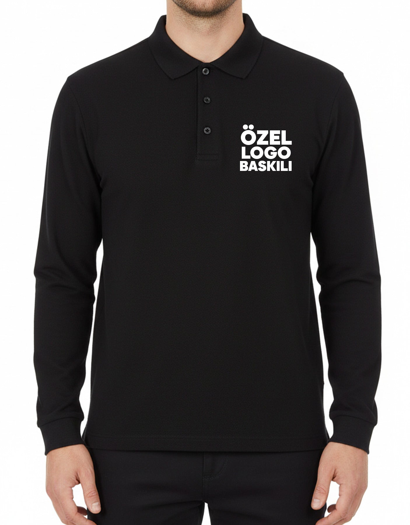 Baskılı Polo Yaka Uzun Kol Siyah Tişört