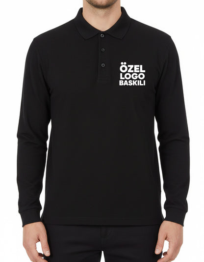 Baskılı Polo Yaka Uzun Kol Siyah Tişört
