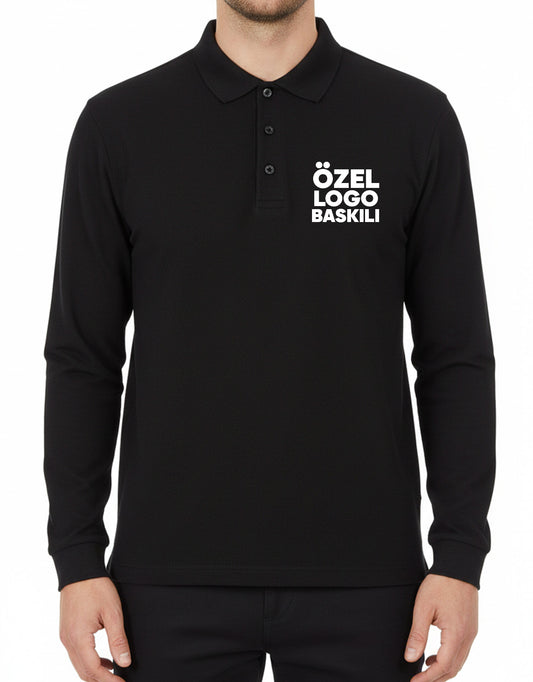 Baskılı Polo Yaka Uzun Kol Siyah Tişört