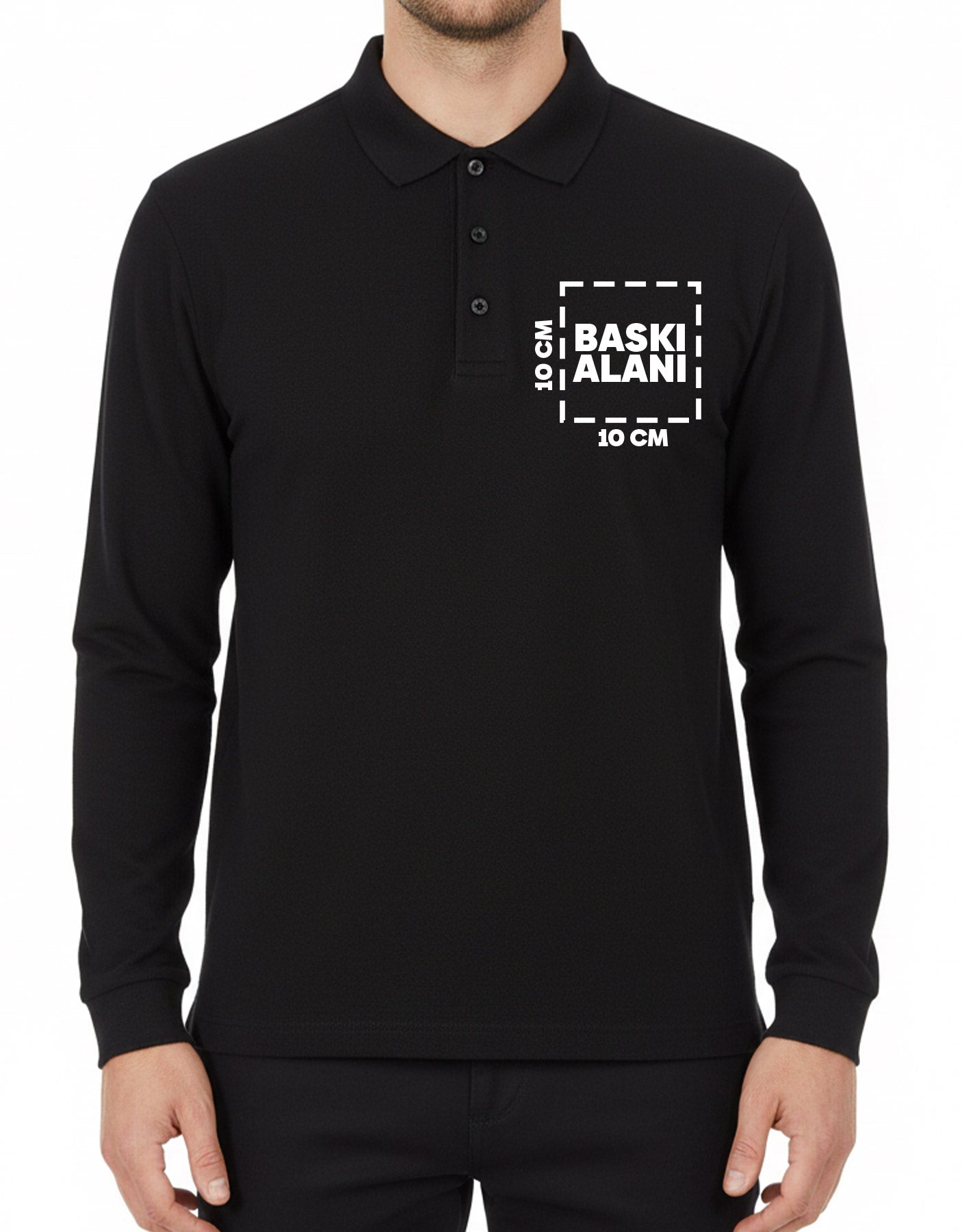 Baskılı Polo Yaka Uzun Kol Siyah Tişört