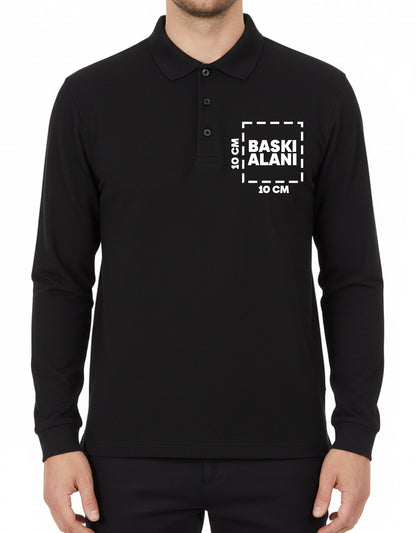 Baskılı Polo Yaka Uzun Kol Siyah Tişört
