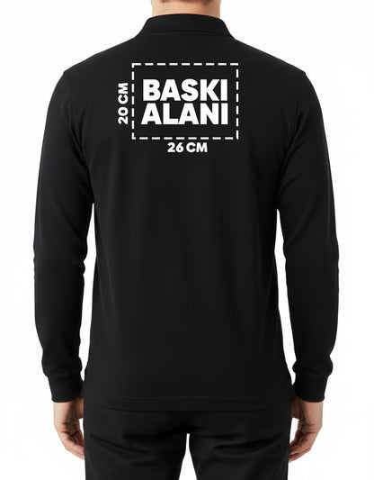 Baskılı Polo Yaka Uzun Kol Siyah Tişört