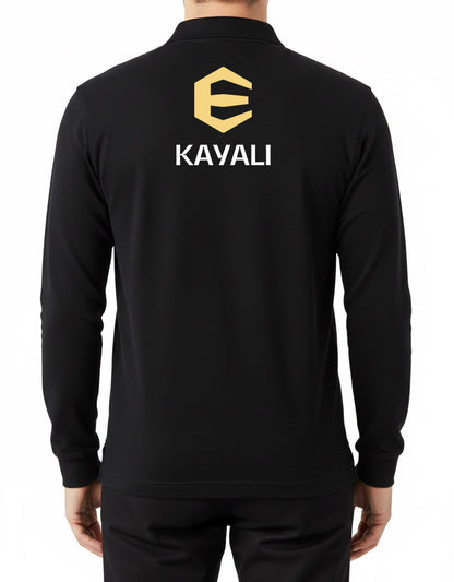 Baskılı Polo Yaka Uzun Kol Siyah Tişört