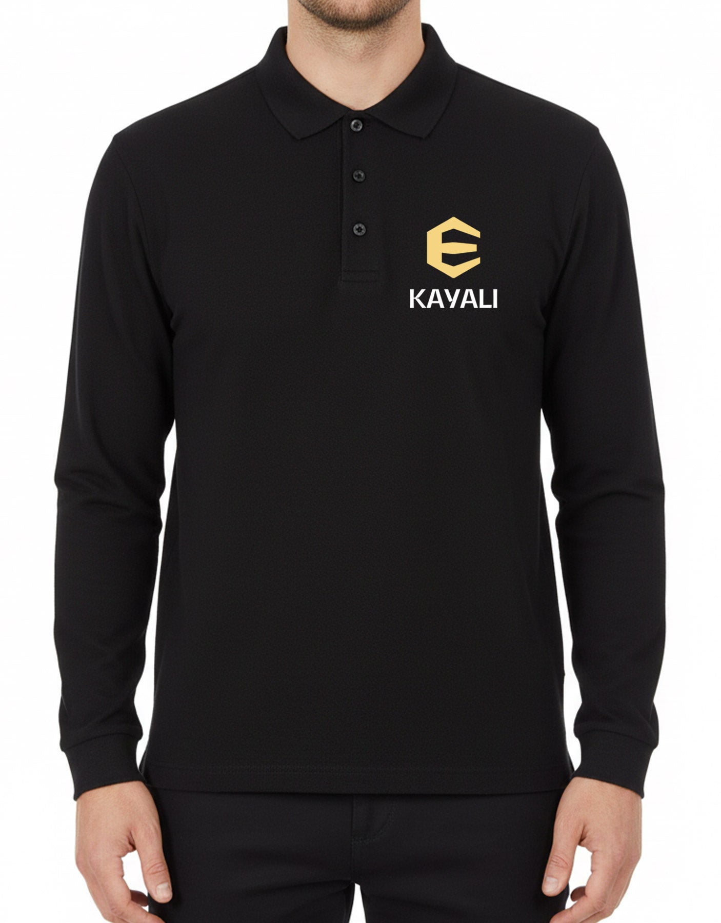 Baskılı Polo Yaka Uzun Kol Siyah Tişört