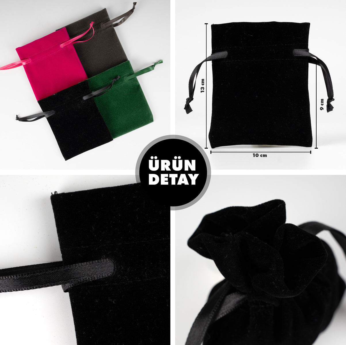 Kadife Gül Kese 10x13 cm - Siyah (Özelleştirilebilir)