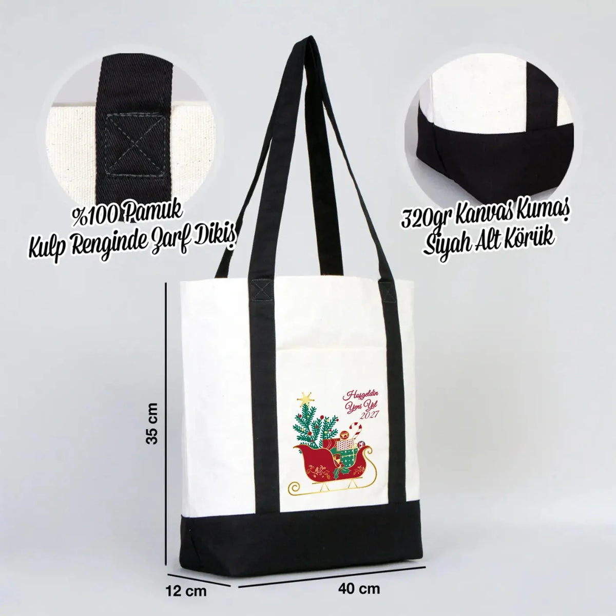 Yeni Yıl Özel Trend Kanvas Çanta 40x35x12cm - Siyah Renkli Kulp - yakın çekim
