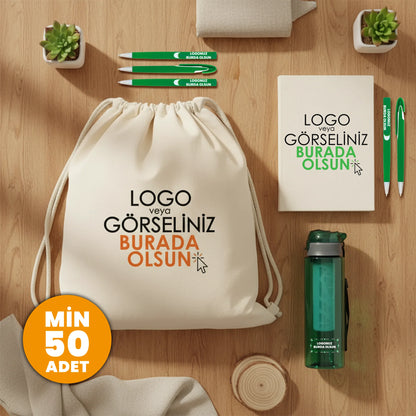 Spor ve wellness hediye seti; logo baskılı büzgülü sırt çantası, çelik termos matara, not defteri ve tükenmez kalem içeren kurumsal promosyon hediye paketi.