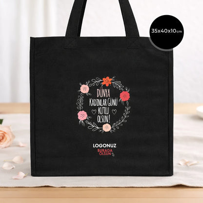 Kadınlar Günü Tam Körüklü Siyah Kanvas Çanta - 35x40x10 cm  - Örgü Kulp (Özelleştirilebilir)