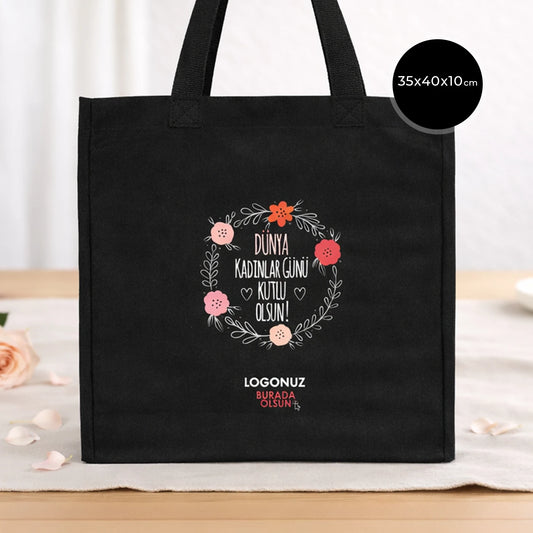 Kadınlar Günü Tam Körüklü Siyah Kanvas Çanta - 35x40x10 cm  - Örgü Kulp (Özelleştirilebilir)