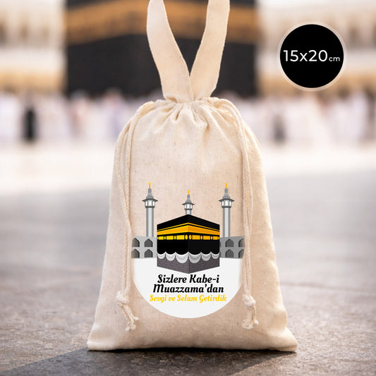 15x20 cm Sizlere Kabe-i Muazzama’dan Sevgi ve Selam Getirdik | Hac ve Umre Hediyelik Bez Kese Tek Tutma Kısa Kulp