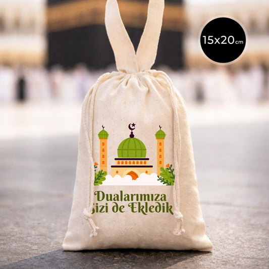 Hac ve Umre Hediyelik Ham Bez Çanta | 15x20 cm Kabe-i Muazzama’dan Selam ve Dua ile