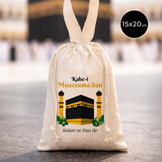 15x20 cm Kabe-i Muazzama’dan Selam ve Dua ile | Hac ve Umre Hediyelik Bez Kese Tek Tutma Kısa Kulp