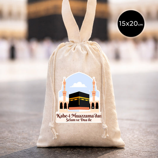 15x20 cm Kabe-i Muazzama’dan Selam ve Dua ile | Hac ve Umre Hediyelik Bez Kese Tek Tutma Kısa Kulp