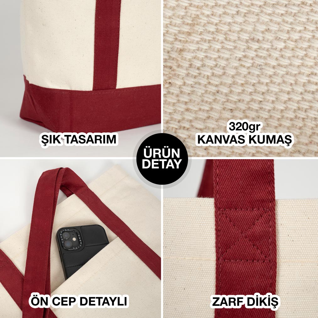 Yılbaşı Özel Bordo Kulplu Trend Kanvas Çanta 40x35x12 cm – Özelleştirilebilir - görsel 7