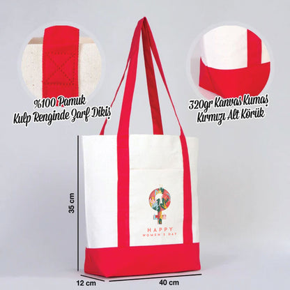 40x35x12 cm Trend Kanvas Çanta Kırmızı Kulp - Kadınlar Günü Hediyesi