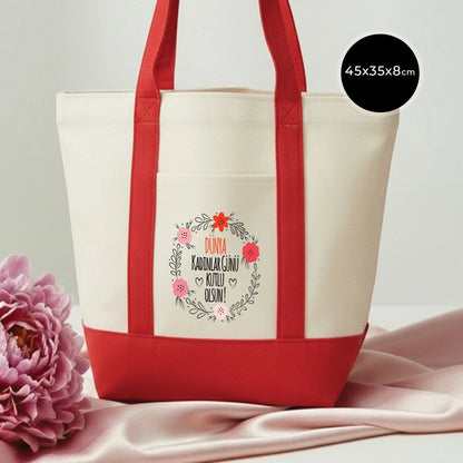 40x35x12 cm Trend Kanvas Çanta Kırmızı Kulp - Kadınlar Günü Hediyesi
