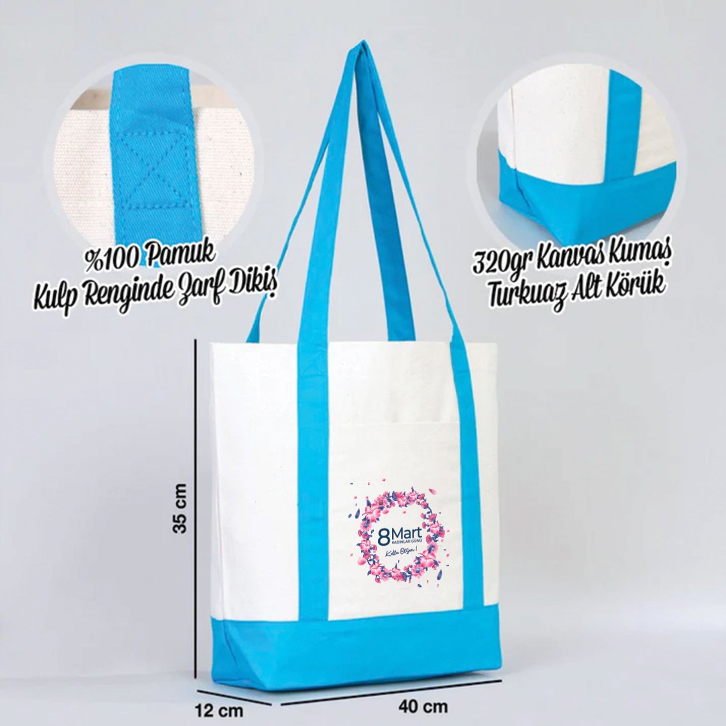 40x35x12 cm Trend Kanvas Çanta Turkuaz Kulp - Kadınlar Günü Hediyesi